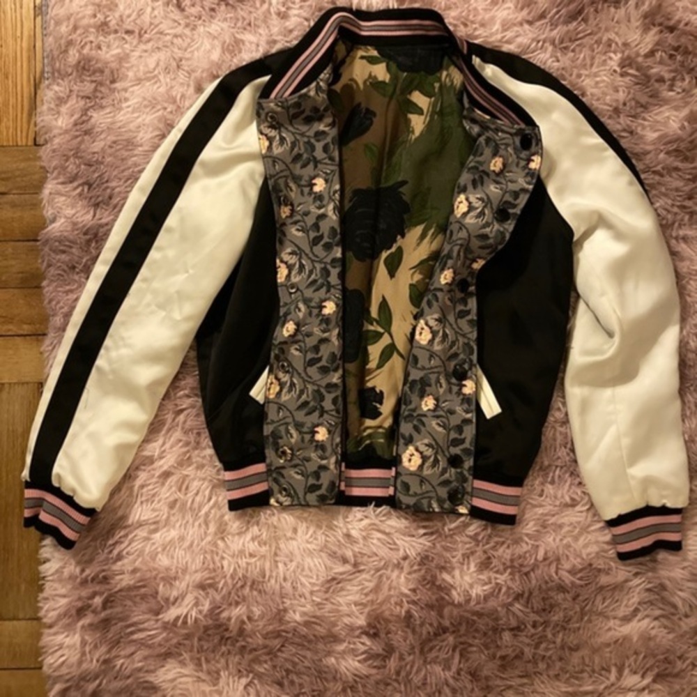 Coach Reversible Satin Bomber Jacket in Dark Multi Size 4